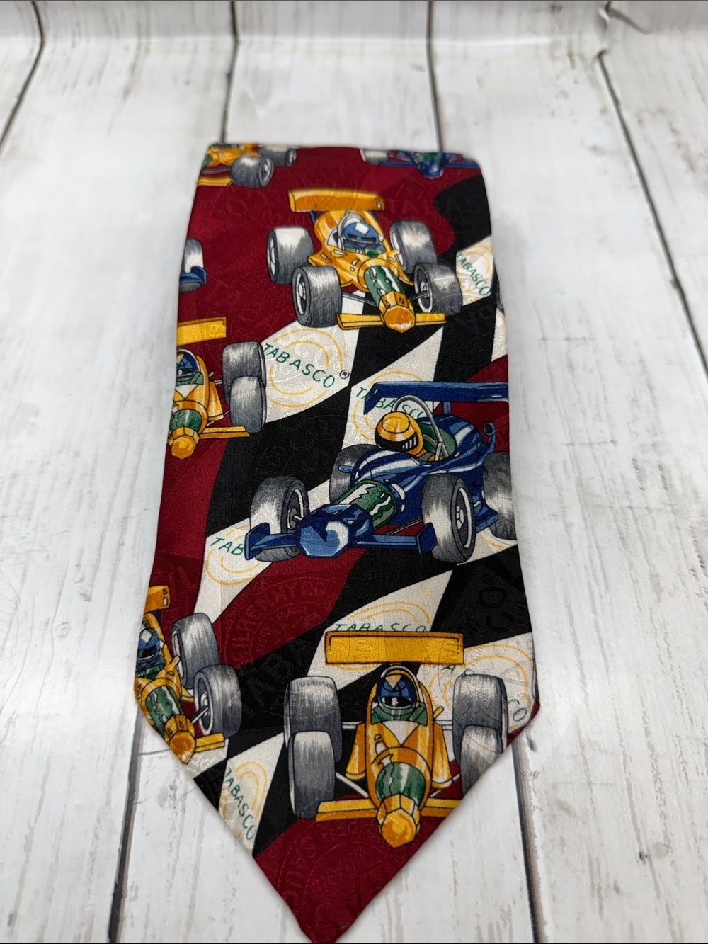 Tabasco Racing Car Print Tie in Burgundy, Black, Yellow, Blue